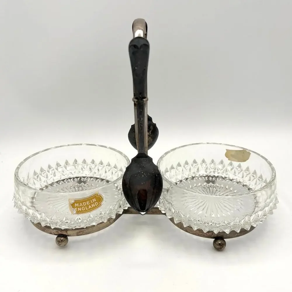 Vintage Queen Anne Double Condiment Caddy Jam SILVER PLATE Glass made in England